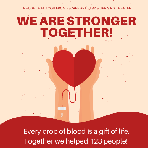 Savings Lives Together Blood Drive Update. Blood Drive Thank You image. Graphic of hands holding a heart with and IV. Text reds We Are Stronger Together.