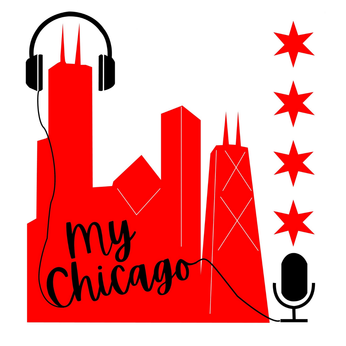 My Chicago Podcast Logo. Red Skyline Of Chicago With Headphones, Microphone, And 4 Stars.